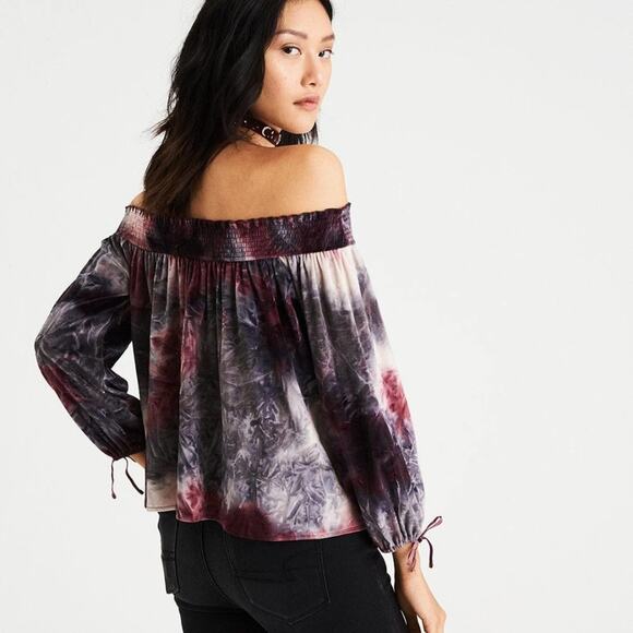 AMERICAN EAGLE OUTFITTERS Crushed Velvet Off Shoulder Top MEDIUM Tie Dye Fall - Picture 2 of 7